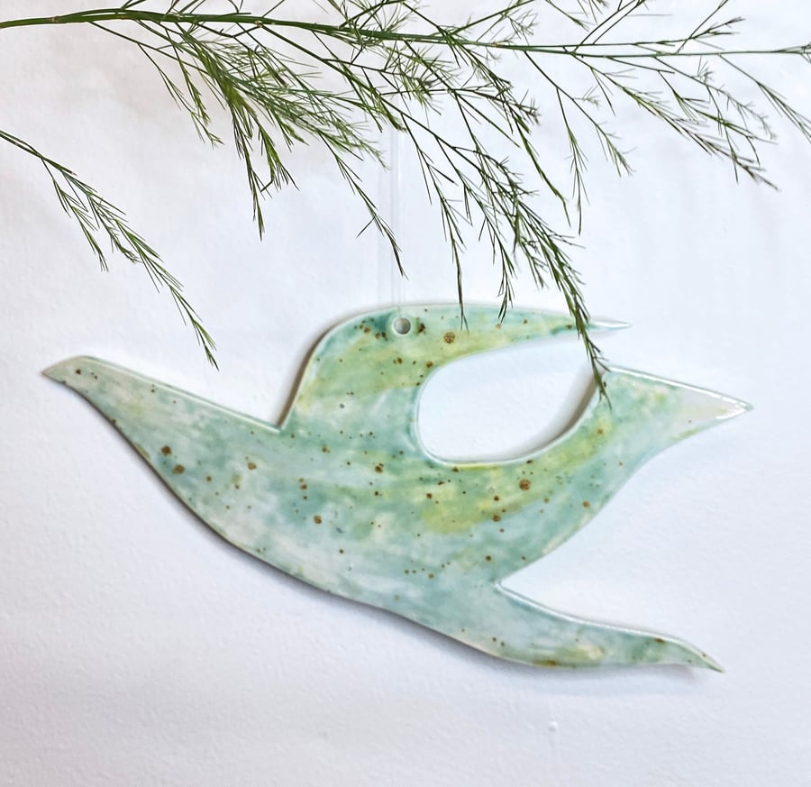 Hanging bird ceramic decoration- hand glazed with green, olive and yellow glazes