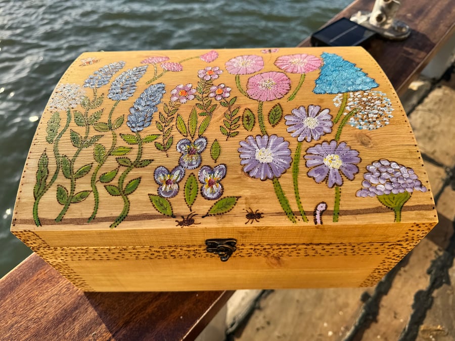 Floral  painted wooden box, hand burned, hand painted 