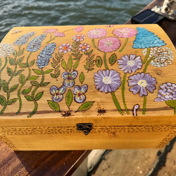 Floral  painted wooden box, hand burned, hand painted 