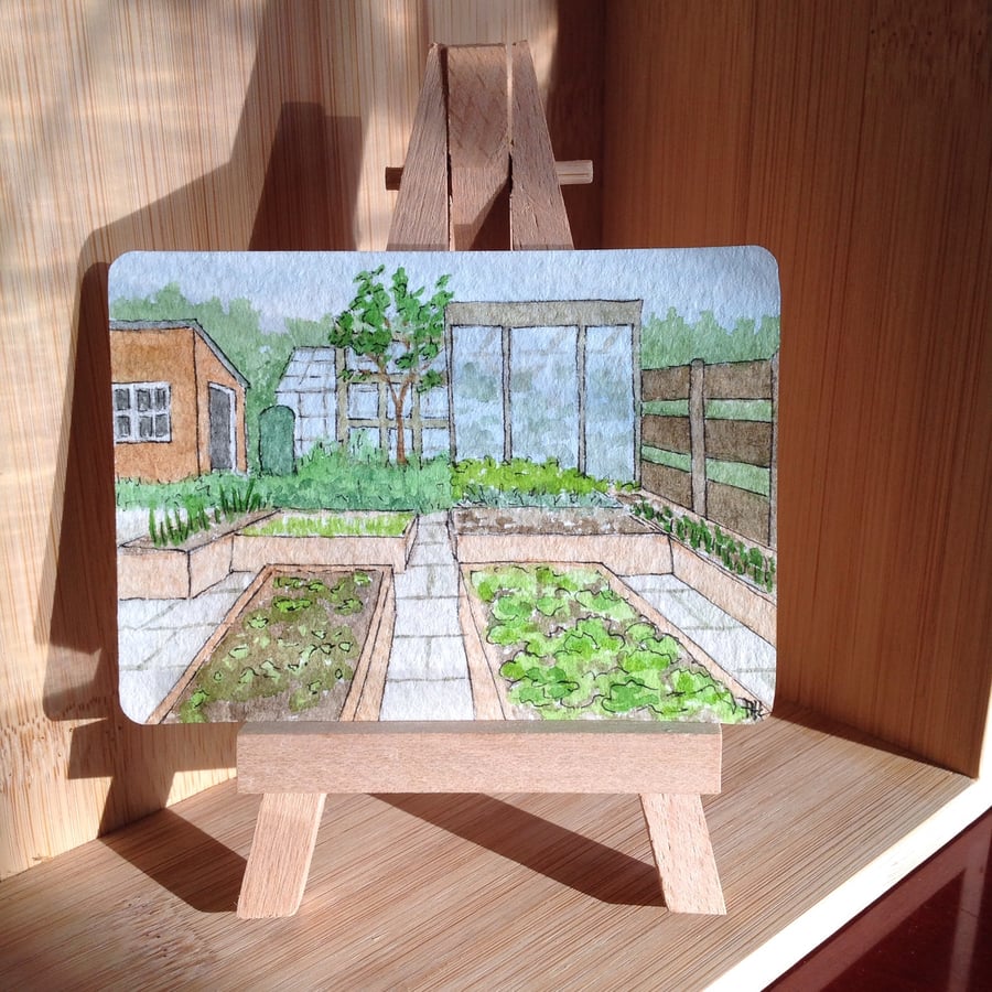 ACEO Original 'The Allotment' watercolour and ink
