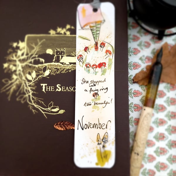  ' November, fairy ring 'Hand drawn and painted bookmark with silk ribbon '