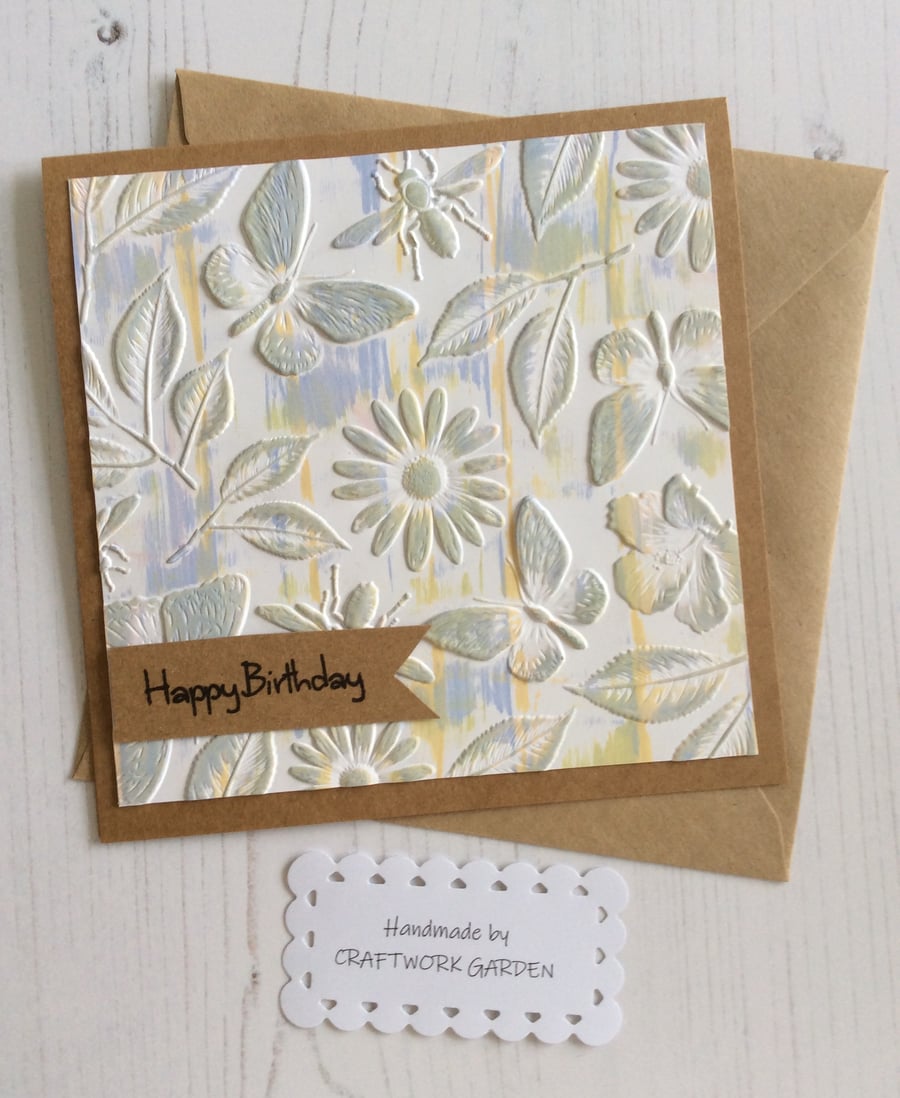 Happy Birthday Floral Embossed Kraft Card