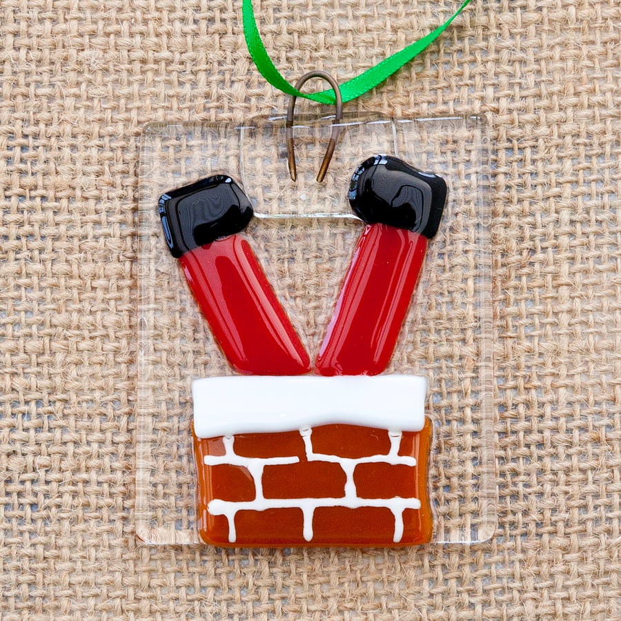 Santa Going Down A Chimney Fused Glass Christmas Decorations