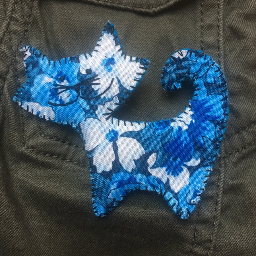 Blue Flower Liberty Fabric Cat Brooch SECONDS SUNDAY