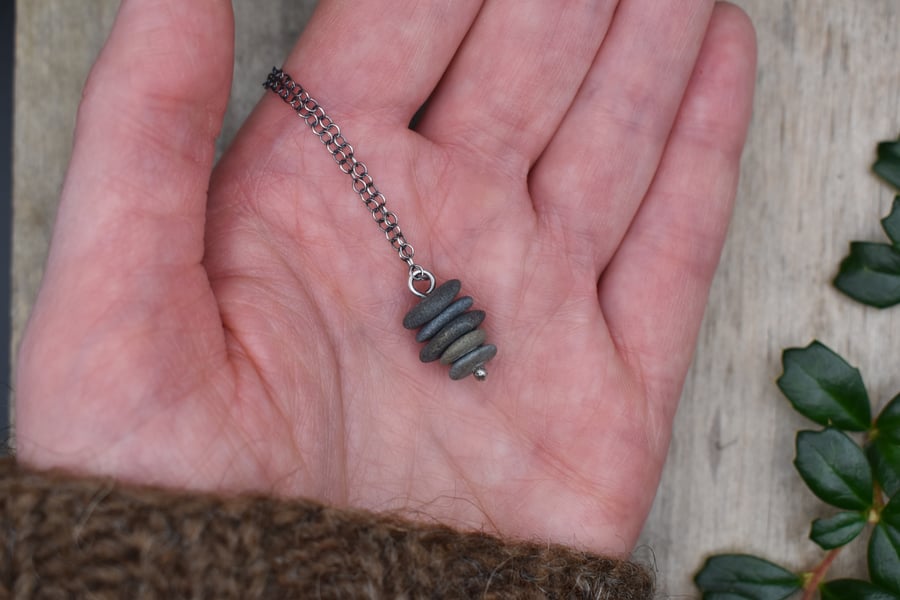Stacked Pebble and Recycled Sterling Silver Necklace, Stone Necklace, Pendant