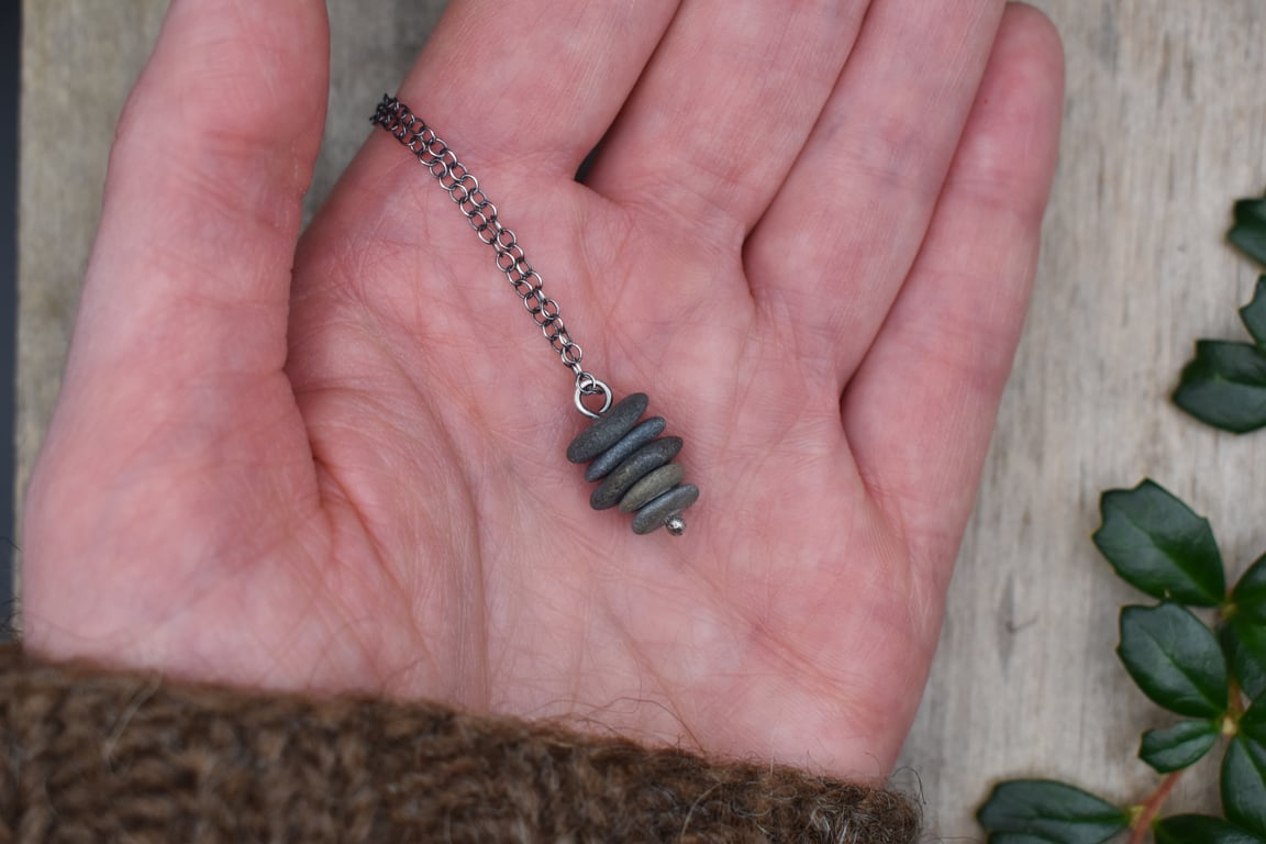 Stacked Pebble and Recycled Sterling Silver Necklace, Stone Necklace, Pendant