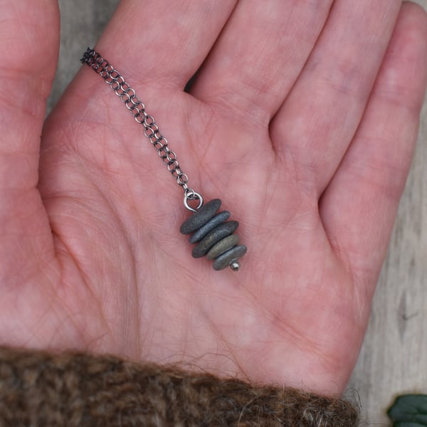 Stacked Pebble and Recycled Sterling Silver Necklace, Stone Necklace, Pendant