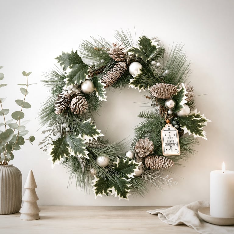 Scandinavian evergreen pine Christmas wreath snowy Woodland wall hanging