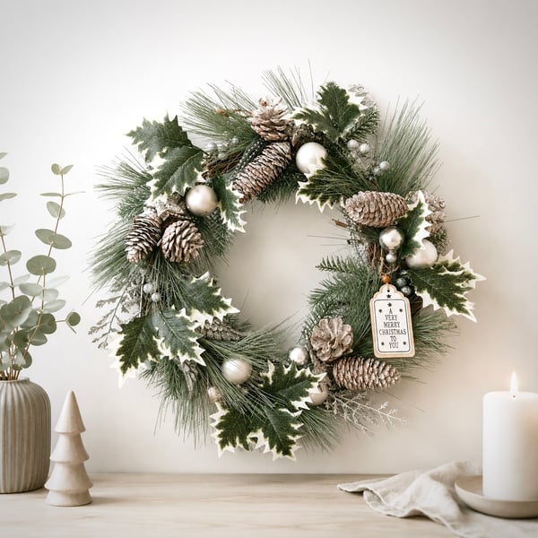Scandinavian evergreen pine Christmas wreath snowy Woodland wall hanging