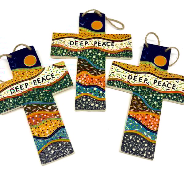 CERAMIC DEEP PEACE CROSS WALL HANGING