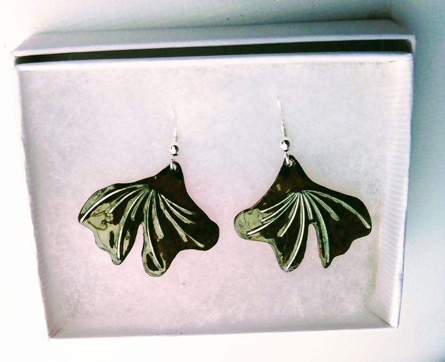GINKGO EARRINGS IN KILN-FIRED ENAMELLED COPPER & STERLING SILVER