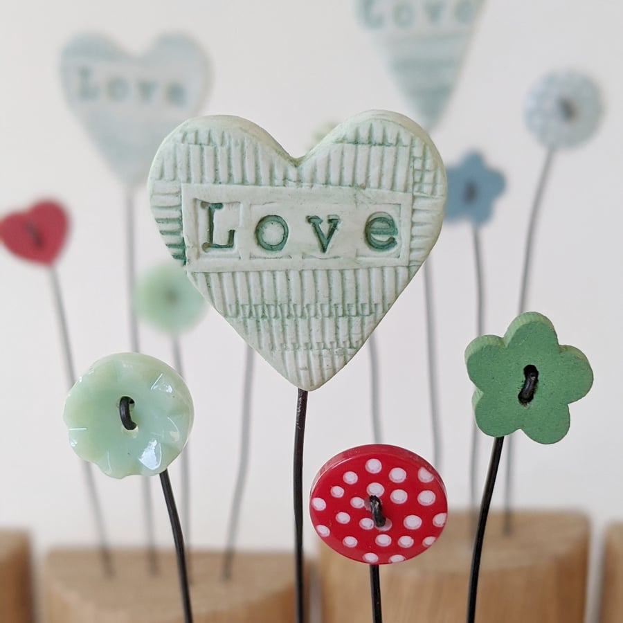 Clay Love Heart with Button Flowers in Oak block