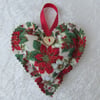 Small cream, green and red Christmas floral print hanging heart decoration
