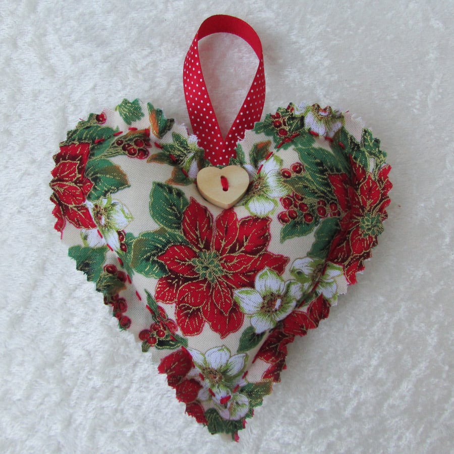 Small cream, green and red Christmas floral print hanging heart decoration