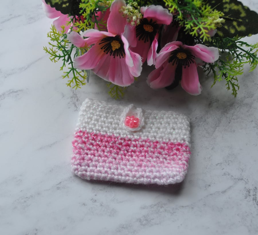 Luxury Gift Card Credit Card Holder Pouch Coin Purse Pink White Sparkle Crochet
