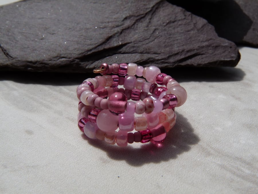 Pink Beaded Memory Wire Ring, Boho Festival Ring