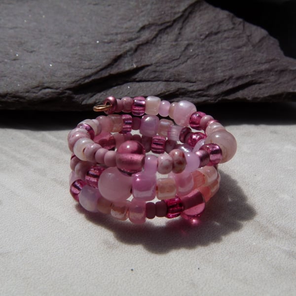 Pink Beaded Memory Wire Ring, Boho Festival Ring