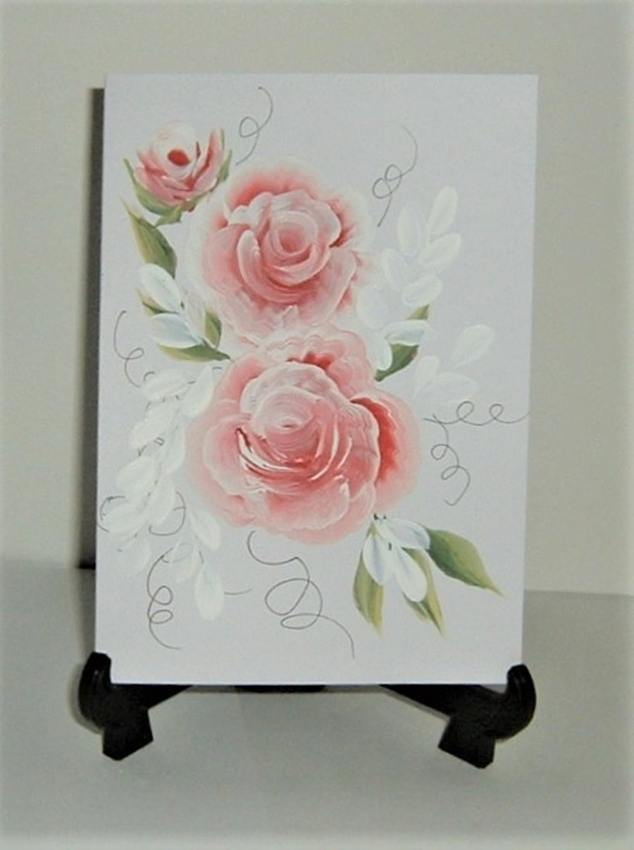 hand painted roses greetings card )( ref F 682)