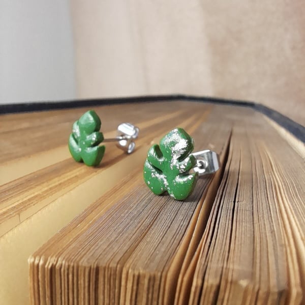 Hypoallergenic Clay Monstera Leaf, Swiss Cheese Plant small stud earrings