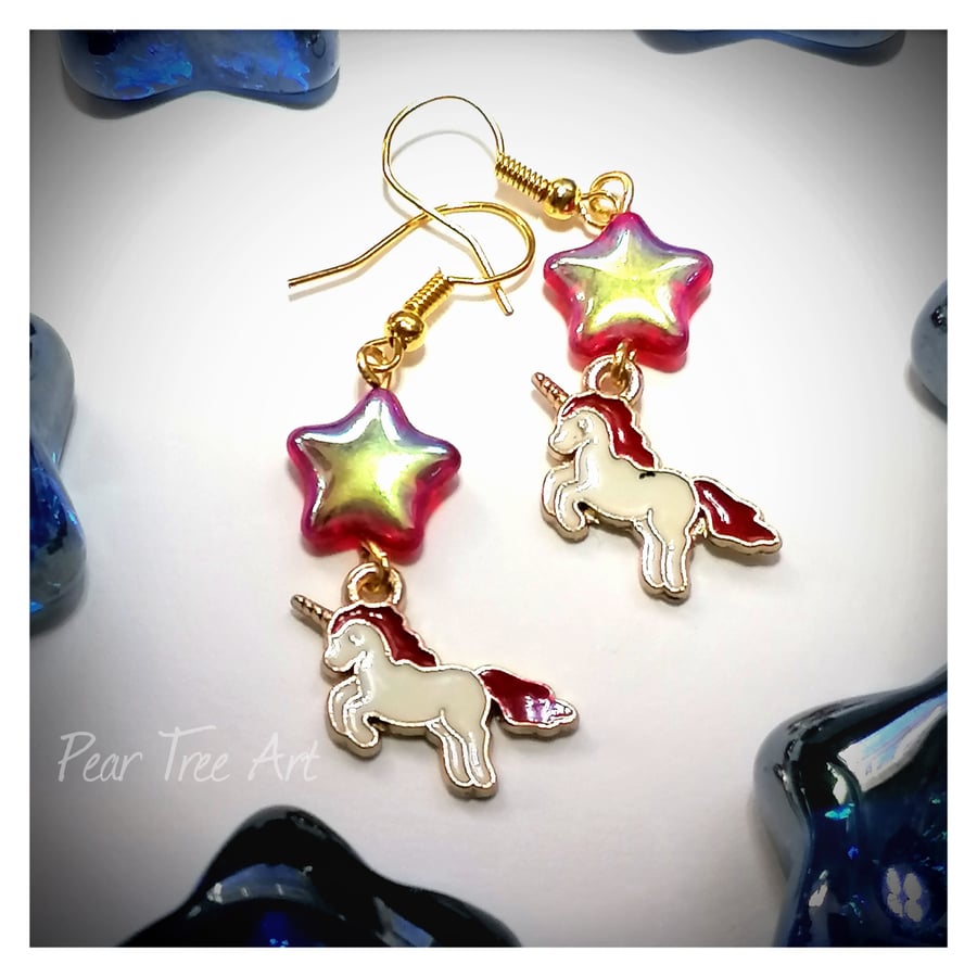 Red Unicorn Earrings with Star Beads