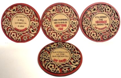 Baltic Birch on Red plywood - Humourous Wooden Coaster - Set of 4  with stand