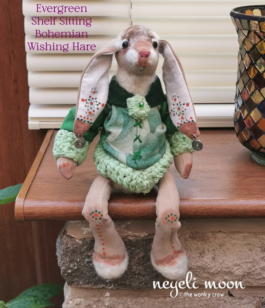 Evergreen Bohemian Shelf Sitting Wishing Hare bespoke Textile design by neyeli