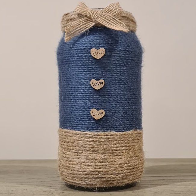 Rustic Yarn Wrapped Vase With Wooden Heart Accents