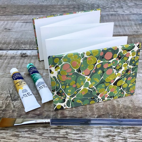 Mini Watercolour Sketchbook with Green Hand-Marbled Paper
