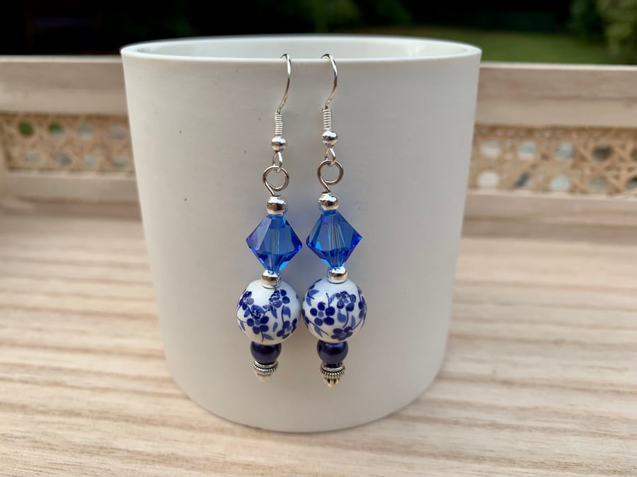 Art Deco Style Swarovski Blue Crystal & Floral Bead Silver Dangle Earrings