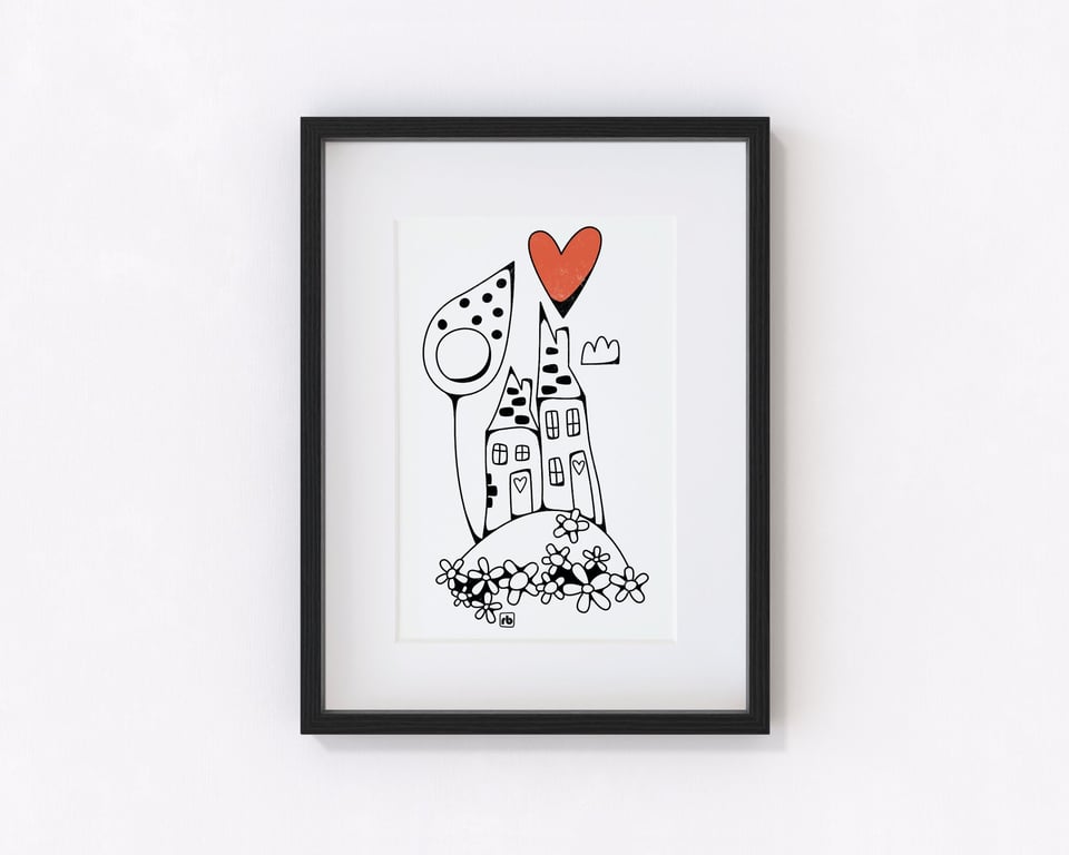 Two Houses with heart illustration, Giclee print