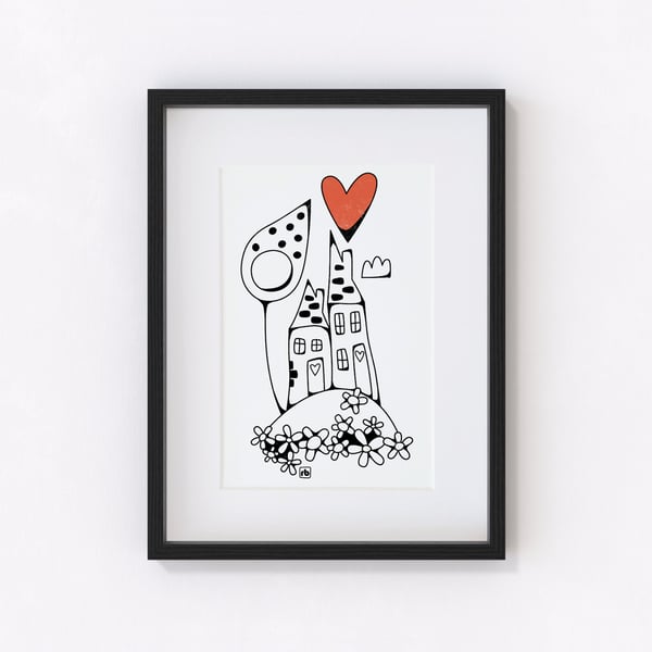 Two Houses with heart illustration, Giclee print