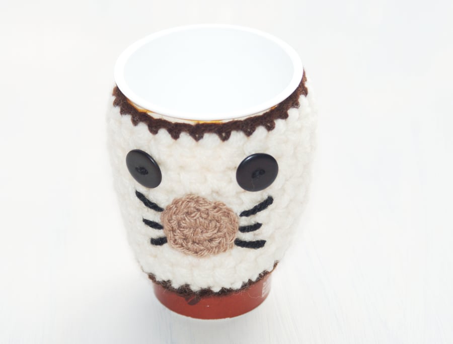 Cream Crochet cat Cosy Can Warmer  Holder  