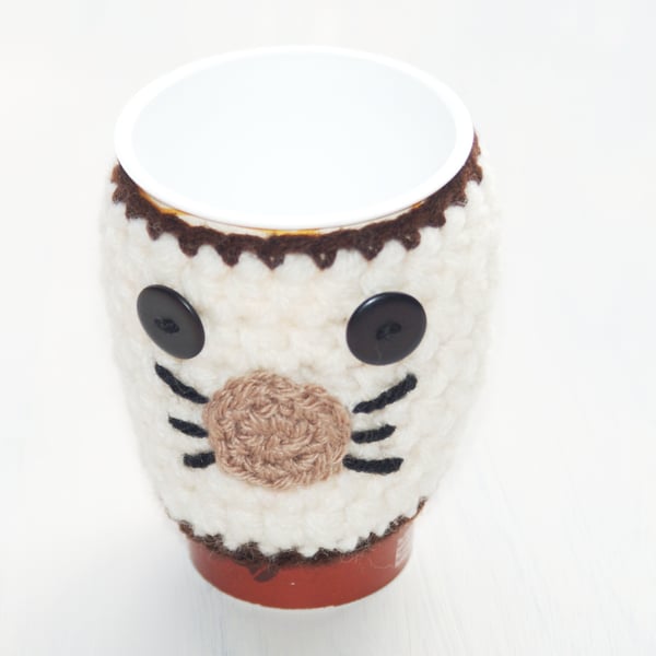 Cream Crochet cat Cosy Can Warmer  Holder  