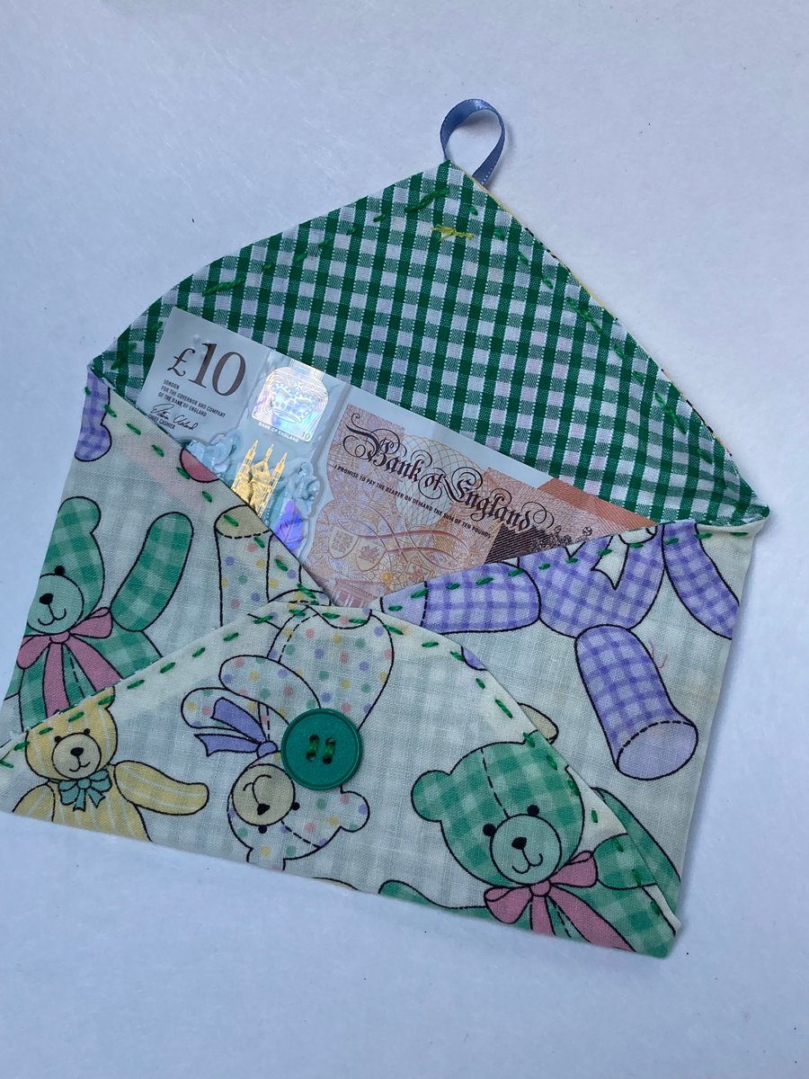 Gift envelope,  hand stitched. For small gifts or money. Teddies and check.