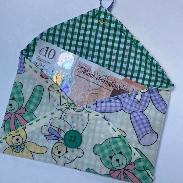 Gift envelope,  hand stitched. For small gifts or money. Teddies and check.