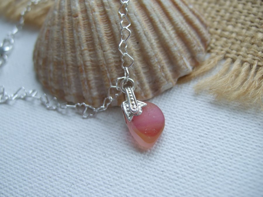 Seaham sea glass bracelet, beach glass bracelet, pink and heart design