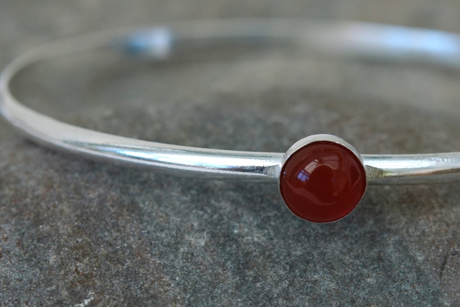Sterling Silver Bangle with Carnelian Gemstone, Hallmarked, Medium