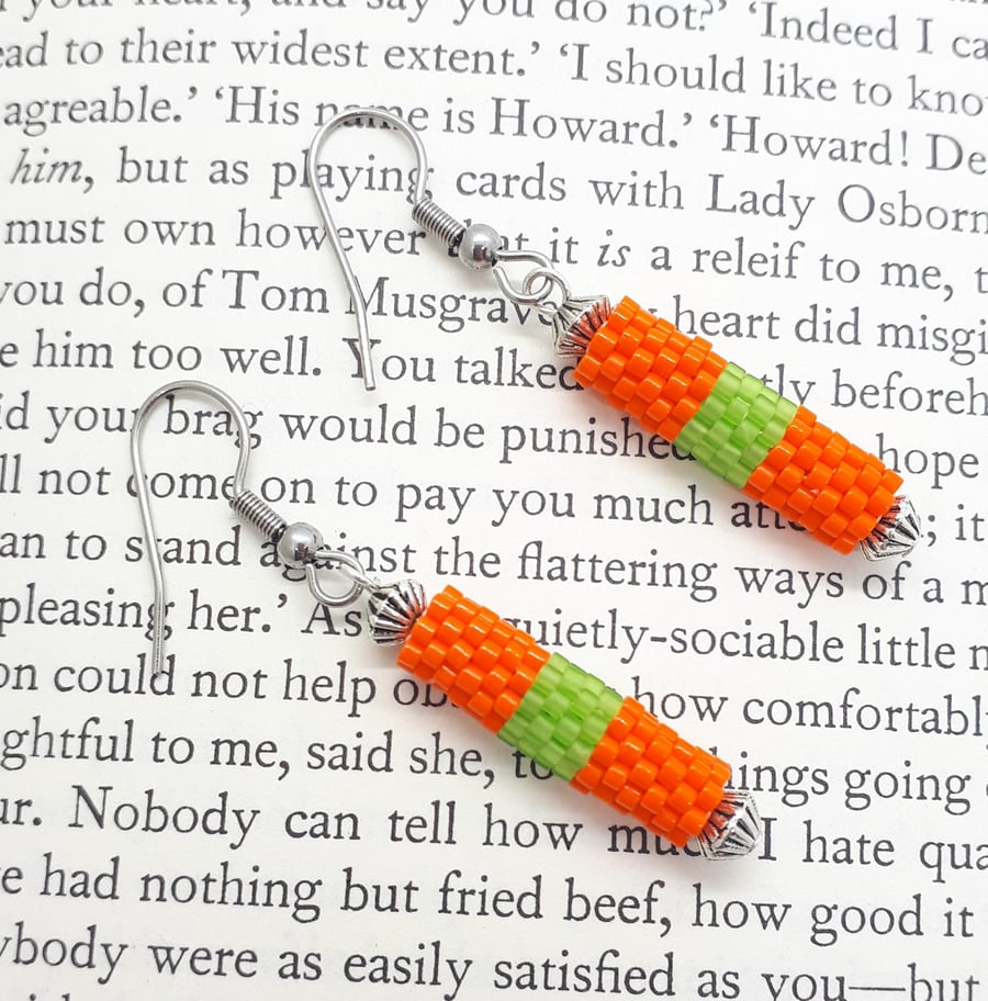 Peyote Striped Beadwoven Dangly Tube Earrings, Surgical Steel Earwires