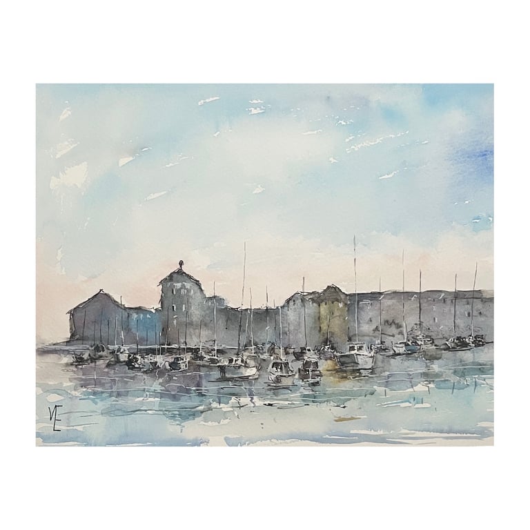 Sun Setting Behind The Marina Buildings, original watercolour and ink painting