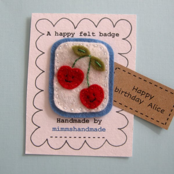 Badge, brooch, handmade cherry pin badge can be personalised