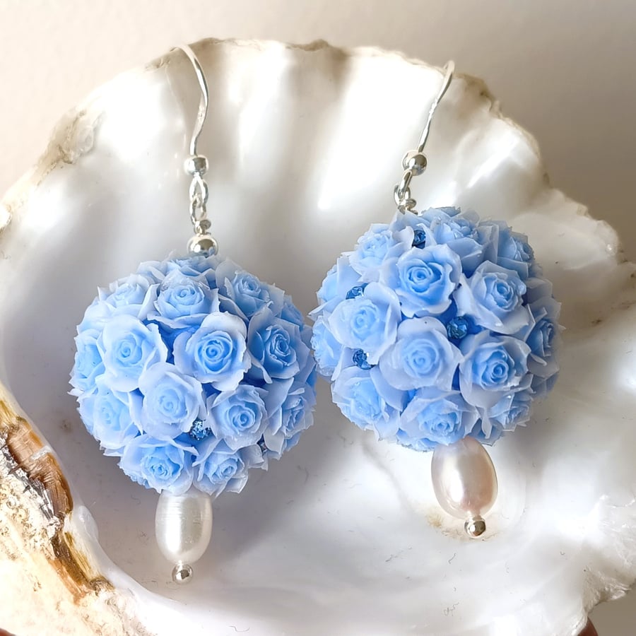 Pale Blue 3D Ball Of Roses Bouquet And Freshwater Pearl Sterling Silver Earrings