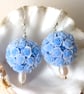 Pale Blue 3D Ball Of Roses Bouquet And Freshwater Pearl Sterling Silver Earrings