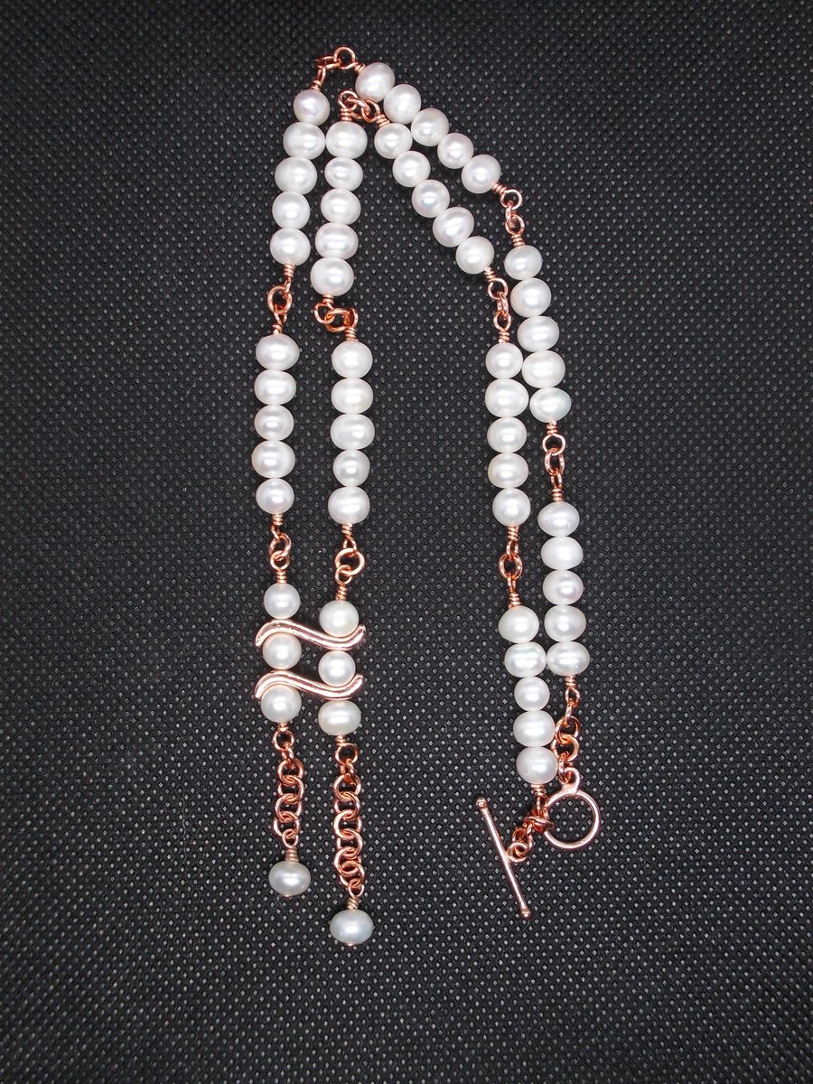 SALE - Freshwater pearl necklace with rose gold plated wave pendant