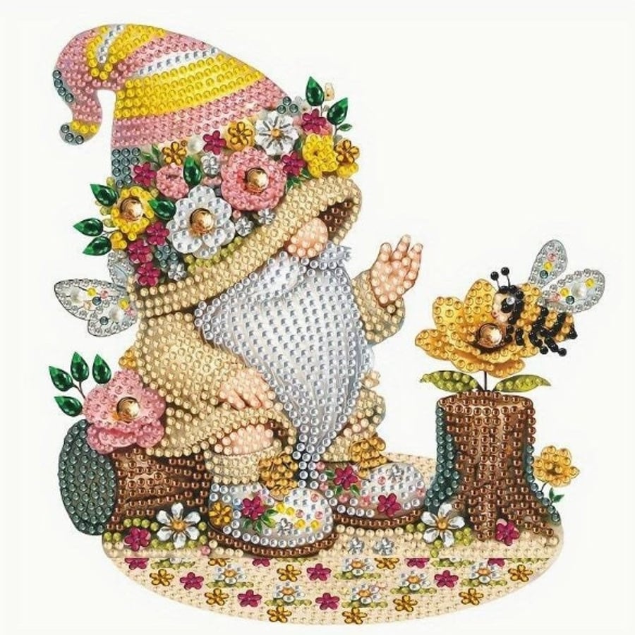 5D DIY Floral Sitting Gnome and Bee Diamond Painting Kit Embroidery Rhinestone