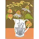 'Autumn Allotment Flowers' Original limited edition linocut print