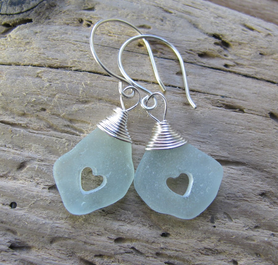 Natural sea glass heart earrings