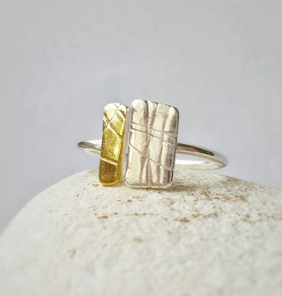 Organic feel adjustable silver ring with 24ct gold detail 