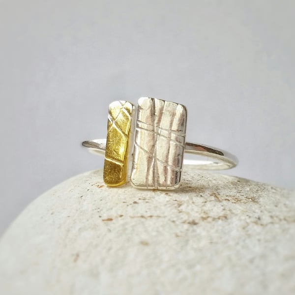 Organic feel adjustable silver ring with 24ct gold detail 