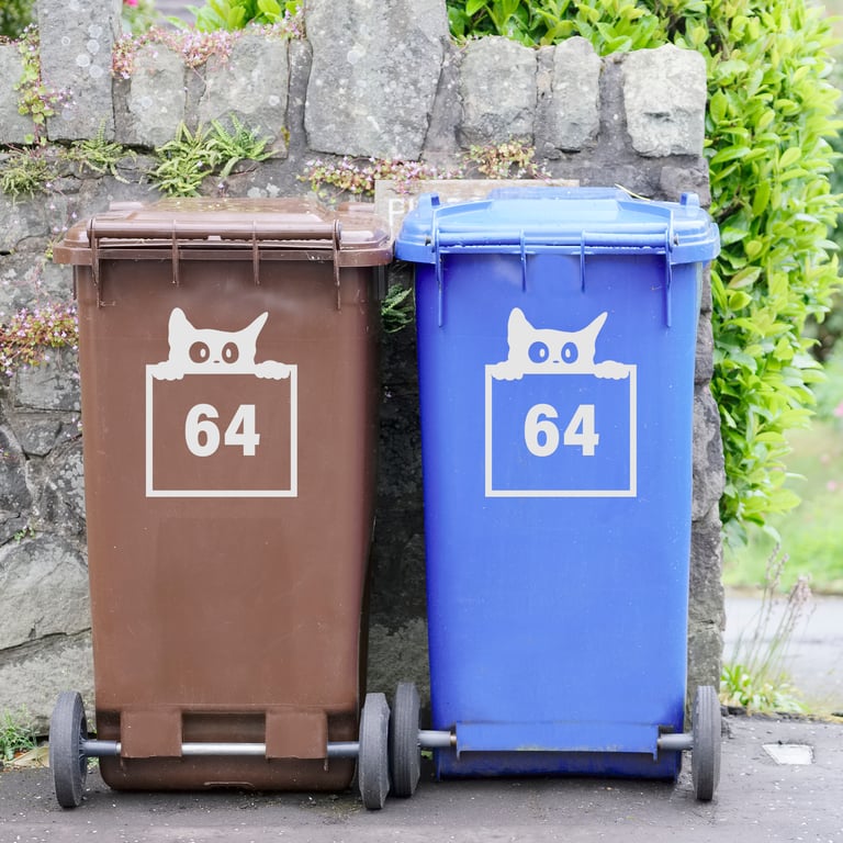 Personalised Peeking Cat Bin Sticker: Custom Wheelie Bin Decal with House Number