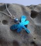 Dragonfly necklace pendant in turquoise with flowers and blue pearl - Image 2